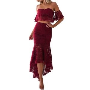🆕 Red Lace Crop Top and High Low Skirt, 2 piece